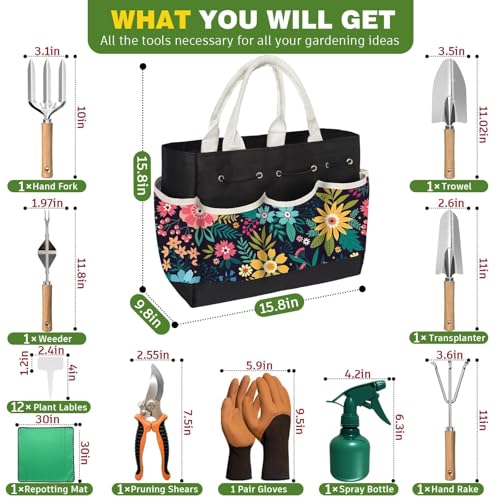 22Pcs Gardening Tools Set for Women Heavy Duty Garden Hand Tool Kit Birthday Gifts for Mom Her Wife Grandma Beginner Gardening Accessories with Tote Bag/Shovel/Repotting Mat/Plant Labels/Gloves-Black - color: Black