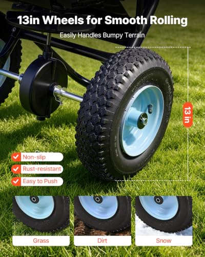 VEVOR Broadcast Spreader 100 lbs Capacity Walk-Behind Push Spreader Black | For Lawn Garden, 0-9.8 ft Spreading Width, 13 in All Terrain Pneumatic Tires, Hopper Grate for Seed Fertilizer Salt Ice Melt