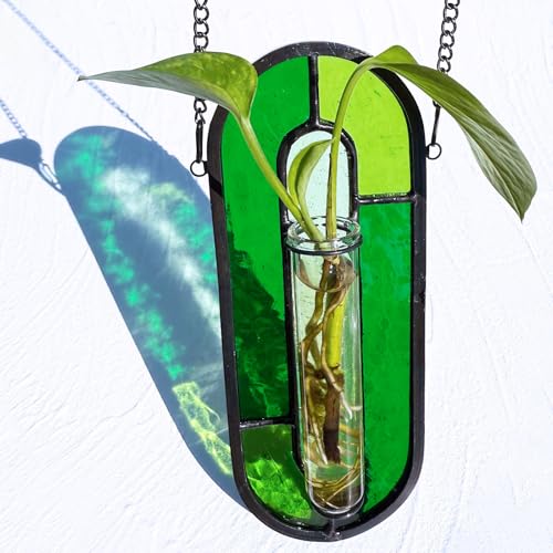 LITMIND Transparent Green Stained Glass Propagation Station - Handcrafted Suncatcher Hanging Planter with 2 Glass Tubes, Multi-Color Hydroponic Wall Décor for Windows, Home & Garden - color: Style C06 (Green Vitality)