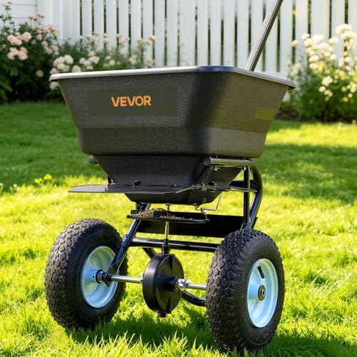 VEVOR Broadcast Spreader 15 lbs Capacity Hopper Walk-Behind Push Spreader | For Lawn & Garden Small Home Use, 9.8 ft Spreading Width, 10" All-Terrain Tires, Adjustable Flow Control for Fertilizer Seed