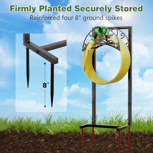 Garden Hose Holder - Upgraded Electrophoretic Coating Anti-Rust Graden Hose Storage Rack with Hummingbird Pattern Holds 150ft, Heavy Duty Garden Hose Hanger, Water Hose Holders for Outside Yard Lawn