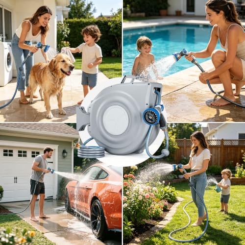 Retractable Garden Hose Reel 1/2 in x 100 ft Wall Mount, Auto Rewind - color: Light Gray, size: 1/2 in x 100 ft