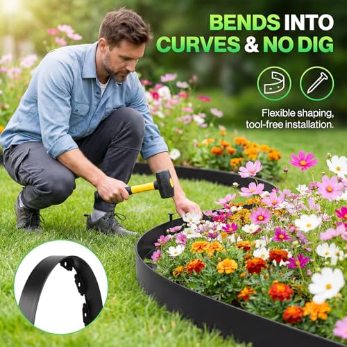 AHEONLAR Landscape Edging, 2" x 80' Garden Edging Border, Plastic Garden Edging with 90 Pcs Spikes, No Dig Landscape Edging Black Garden Border for Lawn, Yard and Flower Bed