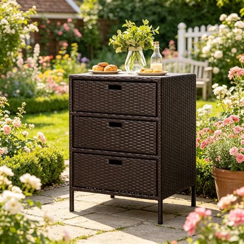 Outdoor Deck Box Storage Cabinet with 3 Drawers, Wicker Pool Towel Rack and Organizer for Patio and Garden, Water Resistant PE Rattan with Steel Frame, 23.5 x 19.8 x 32.3 Inches, Brown - color: Brown - 23.50 X 19.80 X 32.30 Inch