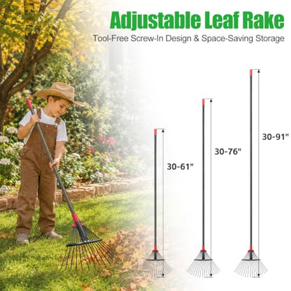 Adjustable Metal Leaf Rake for Leaves, 60 Inch Long Handle Yard Rake with 18 Metal Tines & 8-18" Expandable Head, Lightweight Garden Rake for Lawns, Grass Clippings, Pine Needles - size: 61 inch