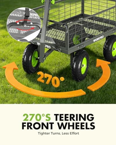 WORKPRO Large Heavy Duty Garden Cart 770 lb, 2-in-1 Convertible Utility Wagon with Removable Sides, 180° Tow Handle for ATV or Lawn Tractor, 270° Steering, Extra Large Yard Cart with All Terrain Tires