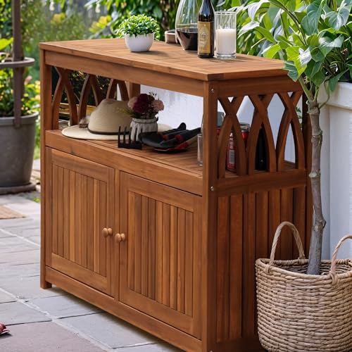 Flamaker Acacia Wood Outdoor Storage Cabinet,Waterproof Potting Table,Brown - color: Brown