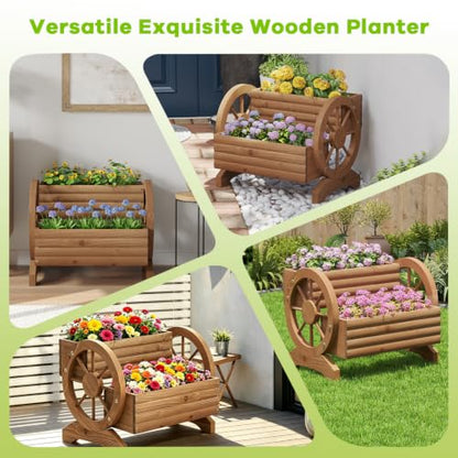 Wood Wagon Planter for outdoor Plants Cute Garden Flower Pots Cart Porch, L - color: Brown-large