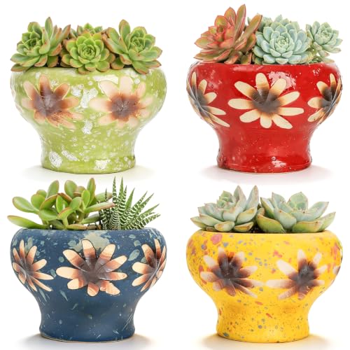 4" Small Succulent Planters with Drainage, Cute Ceramic Pot Set of 4