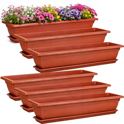 6 Pcs 31 inch Window Box Planter, Large Rectangular Plastic Flower Pot with Tray, Suitable for Indoor & Outdoor Gardens, Balcony and Home Decor (6)