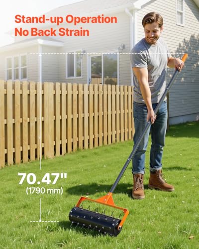 VEVOR Rolling Lawn Aerator, 15 in Manual Push Aerator Roller with 42 Spikes & 60 in Long Handle, Fillable Drum for Added Weight, Heavy-Duty Lawn Soil Penetrator for Garden Yard Compacted Soils - size: 15-inch, style: Rolling