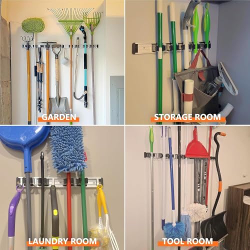 reliahom Broom Holder Wall Mount Mop Hanger Tools organizer 4Racks 5Hooks - color: Black