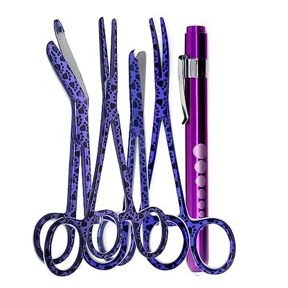 5pc Bandage Scissors 5.5", Stitch Scissors 4.5", Hemostat 5.5" Straight & Curved, Diagnostic Penlight Made of Premium Quality Stainless Steel - For Training Emergency Supplies & First Aid Kit (Purple) - color: Purple