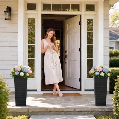 Flamaker 24“ Tall Plastic Planters with Drainage Holes Front Porch Set of 2 - color: Black, size: 24" H