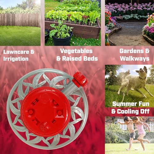 Chapin 4998: 8-Pattern Metal Circle Sprinkler, 360 Degree Sprinkler Head for Small Gardens and Lawns, Up to 40 ft Coverage Area, Lawn Sprinkler, Small Area Yards and Garden Watering, Red/Silver