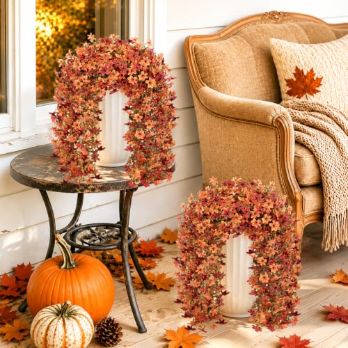 6 Pcs Artificial Hanging Mums for Outdoors, UV Resistant Fake Fall Flowers - color: Red Orange With Fall Leaves