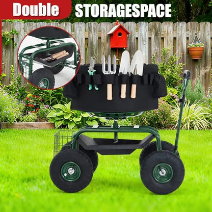 Rolling Garden Cart with Seat, Garden Workseat with 360-Degree Swivel - color: Green+backrest