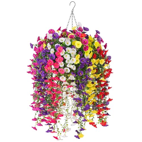 Artificial Flowers with Hanging Basket, Outdoor Faux Plants UV Resistant - color: Mix Color