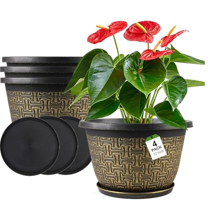Nooulap 4 Pack 12 Inch Plant Pots, Large Plastic Flower Planters - color: Gold 4-pack, size: 12 Inch