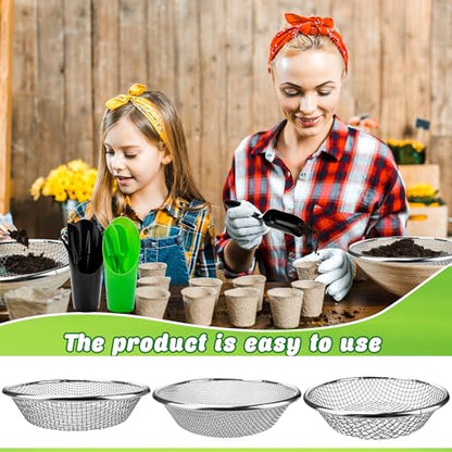 14 Pcs Soil Sifter for Gardening Stainless Steel Rock Sifter Including 3, 6, 10 mm Hole Puncher Planting Spoon Seedling Lifting Device Bucket to Catch Dirt Rocks Sawdust, 3 Sizes
