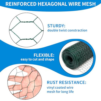 24'' x 150' Green Chicken Wire Fencing, 1 inch Chicken Wire and 19 Gauge Poultry Netting, Garden Mesh Fence Roll for Floral Arrangements/Crafts/Farm/Livestock/Pet Protection - size: Green /19 Gauge 24" x150'