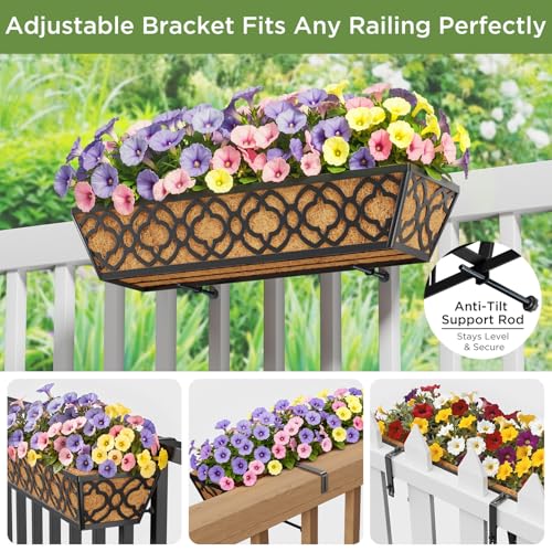 Y&M Window Boxes Horse Trough with Coconut Coir Liner, 24 Inch Window Deck with Coco Liner, Fence Metal Hanging Flower Planter Window Basket Deck Railing Planter Boxes (Flower 24in 2P) - size: Flower 24in 2P