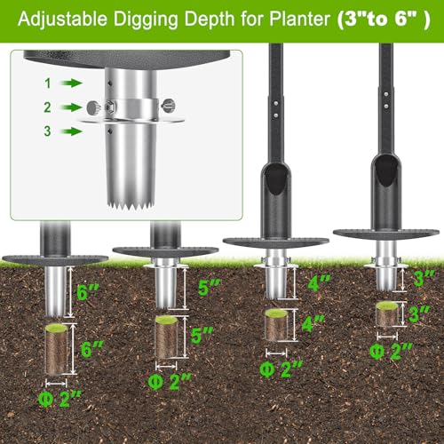 Dolibest Bulb Planter Tool w/Soft Grip, Grass Plugger Tool w/Stainless Steel Sharp Serrations, Depth Adjust Pre-Assembled Sod Plugger w/Centre Auto Dump Design for Lawn Planting Bulbs and Grass Repair - color: Black B- 3-6'' depth adjustable