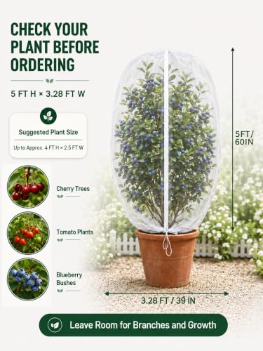 Garden Bird Netting for Insects, 2 Pack 5x3.28ft, Fruit Tree Netting with Zipper & Drawstring, Ultra Dense Mesh Plant Covers for Blueberry Tomato Cherry Peach Apple Trees Pest Barrier (5x3.28FT)