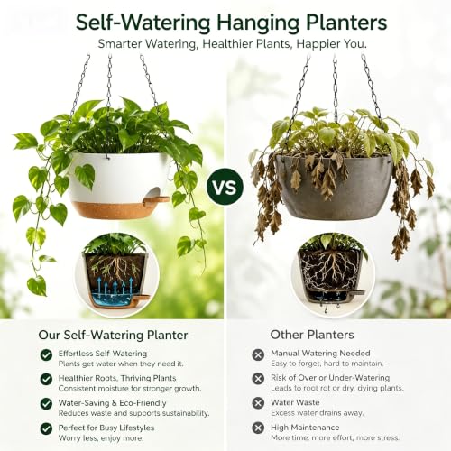 2 Pack 12 Inch Self‑Watering Hanging Planters Plant Pots, White‑Brown - color: White Brown
