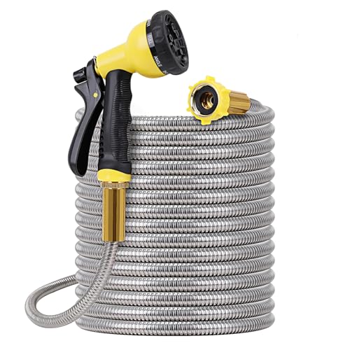 Metal Garden Hose 50FT - Stainless Steel Heavy Duty Water Hose with Metal Nozzle & 8 Function Sprayer, Portable & Lightweight Kink Free Yard Hose, Outdoor Hose