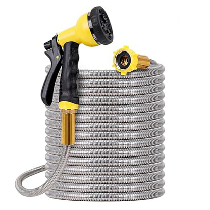 Metal Garden Hose 50FT - Stainless Steel Heavy Duty Water Hose with Metal Nozzle & 8 Function Sprayer, Portable & Lightweight Kink Free Yard Hose, Outdoor Hose