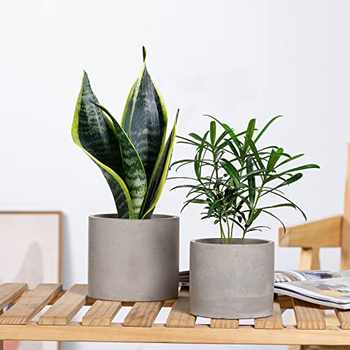Ekirlin Planters for Indoor Plants, 3.5/4 Inch Plant Pots with Drainage Holes, Removable Rubber Stopper, Non-Slip Soft Pad - Grey Cement Concrete Planter for Most Indoor Outdoor Plants and Flowers - size: 3.5 + 4 inch set