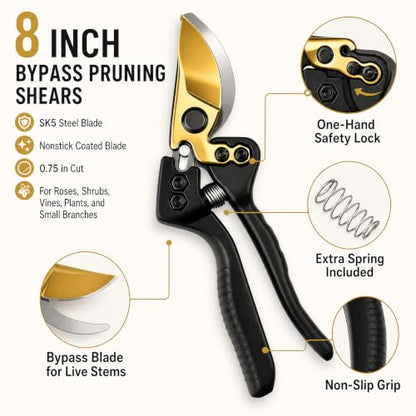 8" SK5 Bypass Pruning Shears, Hand Pruners and Garden Clippers