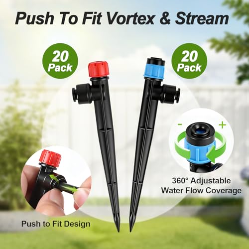 RedChili 40 Pieces Push to Fit Drip Emitters for 1/4" Drip Irrigation Tubing, 20 Pcs Vortex Emitters and 20 Pcs Stream Emitters Adjustable 360 Degree Full Circle Drip Emitters with Stake - size: 40P PushEmitters(Mix)
