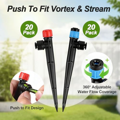 RedChili 40 Pieces Push to Fit Drip Emitters for 1/4" Drip Irrigation Tubing, 20 Pcs Vortex Emitters and 20 Pcs Stream Emitters Adjustable 360 Degree Full Circle Drip Emitters with Stake - size: 40P PushEmitters(Mix)