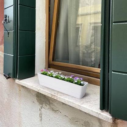 GREANER Window Boxes Planters, 3PCS 16x3.8 Inch Large Herb Planters with Tray, Indoor Succulent Cactus Flowers Vegetable Plastic Rectangle Pots for Balcony, Office, Garden, Outdoor, Windowsill (White) - size: 3Packs/16x3.8in