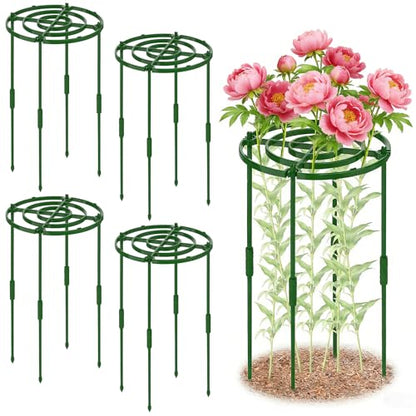 MJZ 4 Pack Peony Cages and Supports, 11.8" D x 25" H Plastic Plant Supports - color: Green-Plastic-4PC