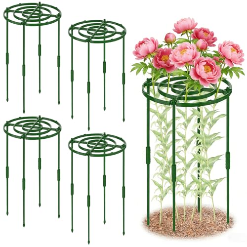 MJZ 4 Pack Peony Cages and Supports, 11.8" D x 25" H Plastic Plant Supports - color: Green-Plastic-4PC