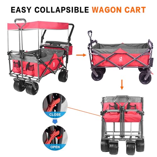 Foldable Wagon with Removable Canopy & Cooler Bag - Heavy Duty Collapsible Wagon Utility Cart with 4" All-Terrain Wheels for Camping, Beach, Garden - color: Red
