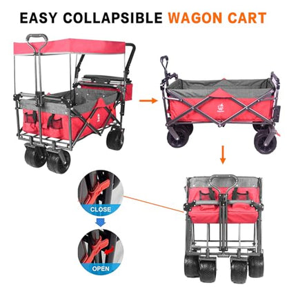 Foldable Wagon with Removable Canopy & Cooler Bag - Heavy Duty Collapsible Wagon Utility Cart with 4" All-Terrain Wheels for Camping, Beach, Garden - color: Red