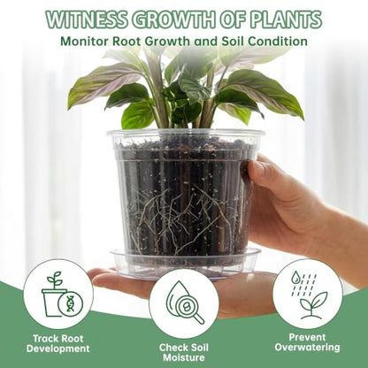 24Pack Clear Nursery Pots with Drainage - 4/6/8/10 Inch Plastic Plant Pots with Saucers & Plant Label, Large Clear Nursery Pots for Indoor Plants, Succulents, Flowers, Seedlings, Herbs, Vegetables