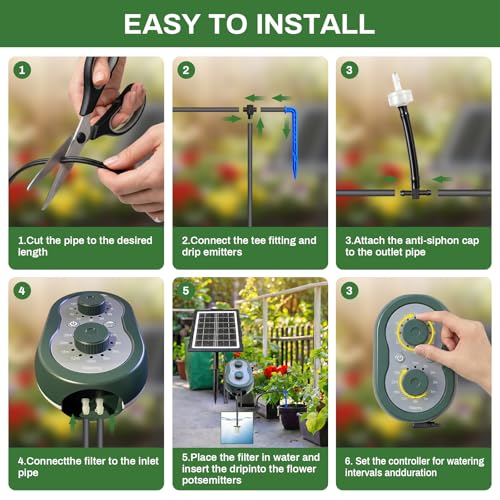 50FT Solar Automatic Drip Irrigation Kit System, Smart Self-Watering System with USB Charging for Outdoor Indoor Use, 2200mAh Automatic Watering System Supports 15 Pots for Garden, Balcony & Patio