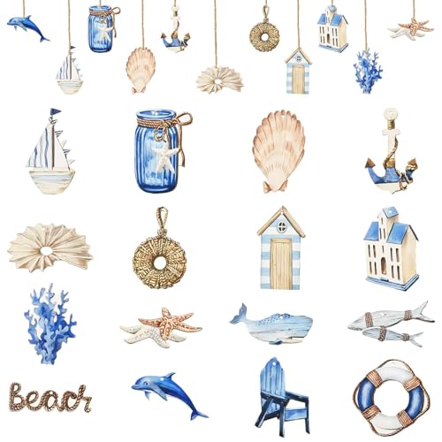 Ipotkitt 32pcs Ocean Wood Hanging Ornaments 16 Styles Sea Wooden Cutouts with Rope for Home Garden Summer Beach Party Decor DIY Crafts - color: Ocean Wood Hanging Ornaments_32pcs
