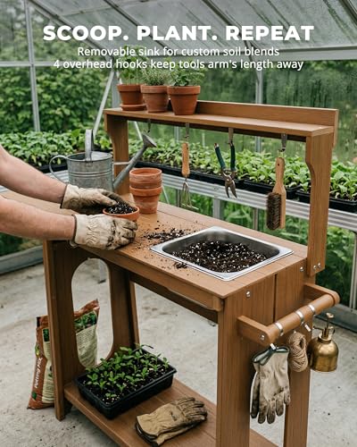 Outdoor Potting Bench Table with Removable Sink, All Weather, Teak - color: Teak