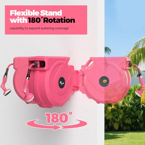 Retractable Garden Hose Reel 5/8 in x100 ft， Wall Mounted Hose Reel - color: Pink, size: 5/8"x100 ft