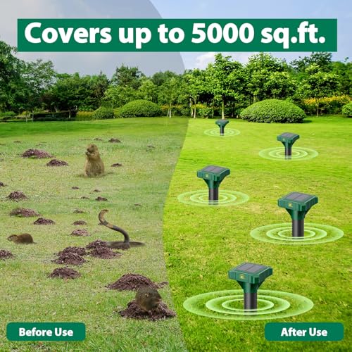 8 Pack Mole Repellent Solar Powered, IP65 Waterproof Gopher Chipmunk Repeller Outdoor, Groundhog Snake Repellent for Yard, Sonic Mole and Vole Deterrent Spikes, Effective Lawn and Garden Protection