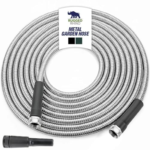 RUGGED RHINO Metal Garden Hose with Spray Nozzle, 304 Stainless Steel, 750 PSI Burst Strength, Heavy Duty Flexible Water Hose, Kink Resistant, Leakproof for Yard, Lawn and Outdoor Use, Silver 25FT - color: Silver, size: 25 Feet