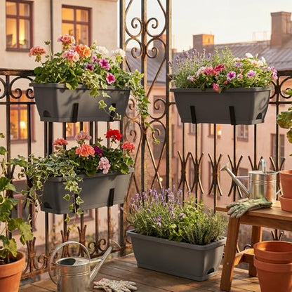 CADUKE 4 Pack Railing Planters, 16.9" Hanging Window Planters, Fence Flower Pots with Drainage Holes and Trays, Gray - color: Gray