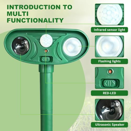 Solar Ultrasonic Animal Repellent, Cat Repellent Outdoor with Motion Sensor,Sound and LED Flashing,Waterproof Deer Repeller,Squirrel Repellent for Dog Bird,Deer Raccoon Repellent for Pasture B
