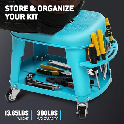 DNA Motoring Removable Rolling Garage Stool with Seat Cushion & Tool Tray Plate, 300lbs Max Weight Capacity, Blue, TOOLS-00479 - color: Blue